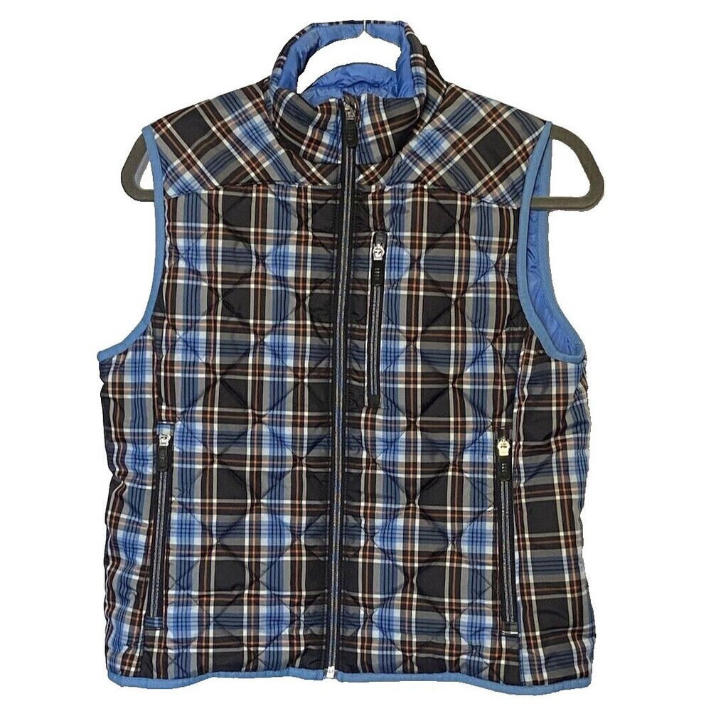 Lands End Puffer Vest Womens Small 6-8 Blue Plaid Sleeveless 3 Pocket Design